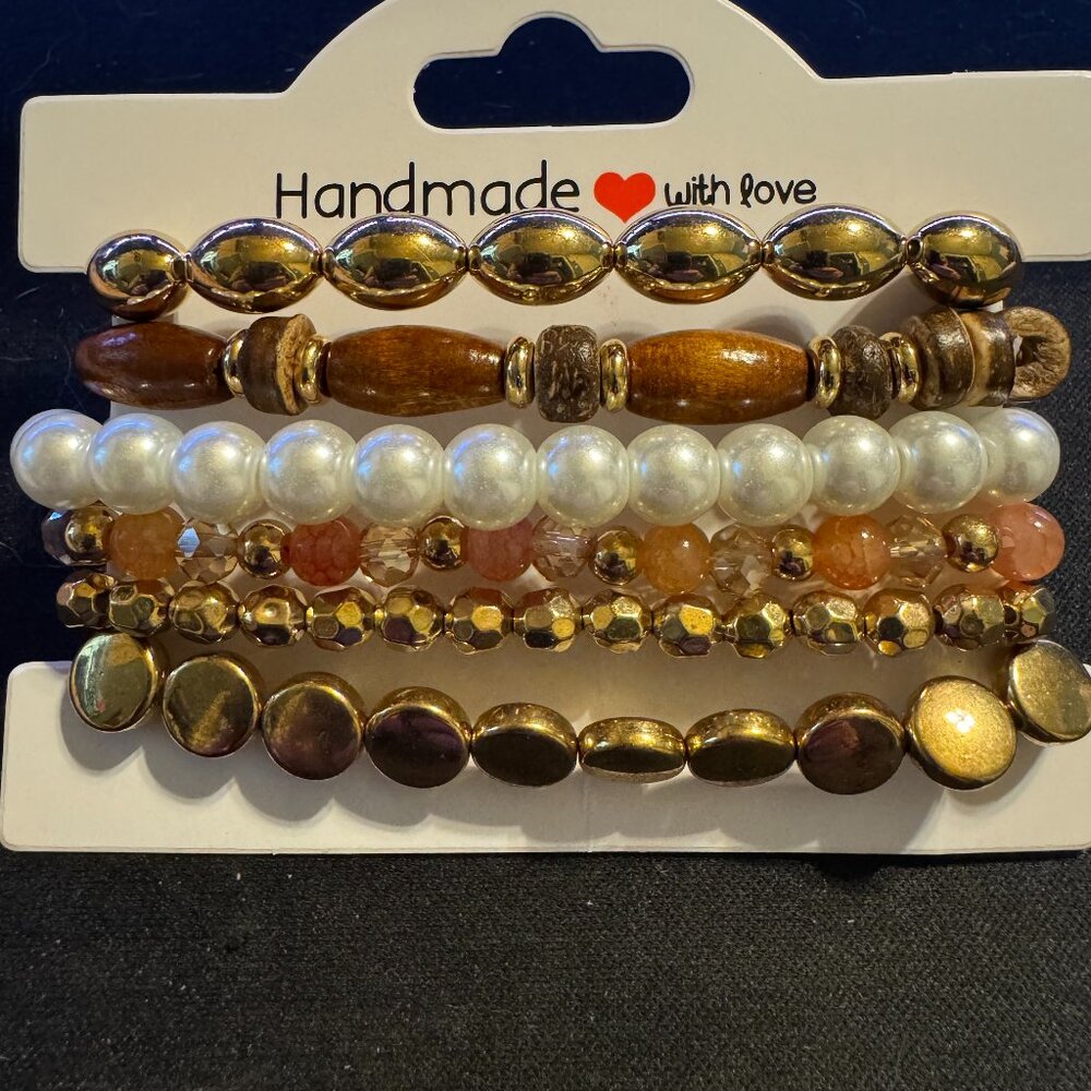 ✨ Handmade Gold & Neutral Beaded Bracelet Set – Elegant Boho Chic ✨